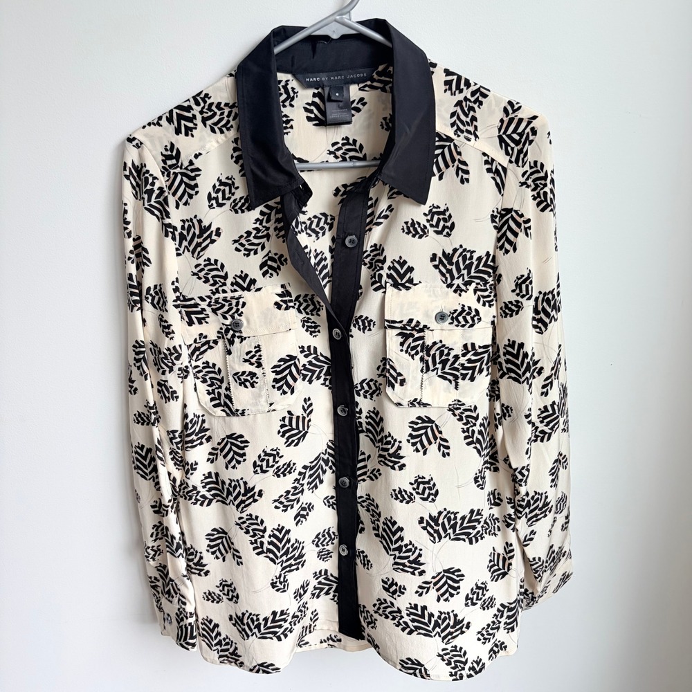 Marc by Marc Jacobs Silk Blouse 8 Dark Academia Cream Black Leaf Print Button Up